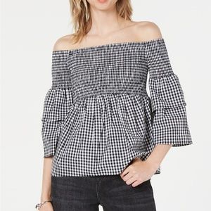 BAR III OFF THE SHOULDER GINGHAM TOP TIERED BELL SLEEVE BLACK WHITE NWT SIZE M X